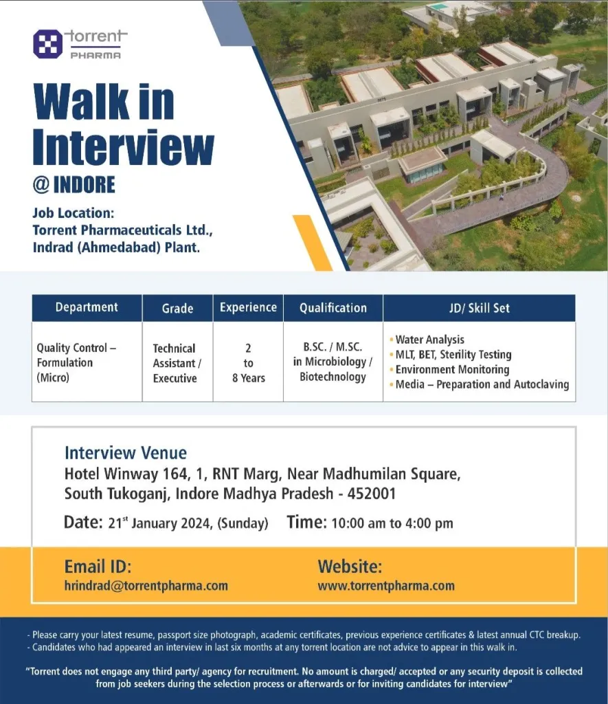 Torrent Pharma - Walk-In Interviews for QC, QA, QC-Micro, Manufacturing, Packaging, Technology Transfer on 21st Jan 20241